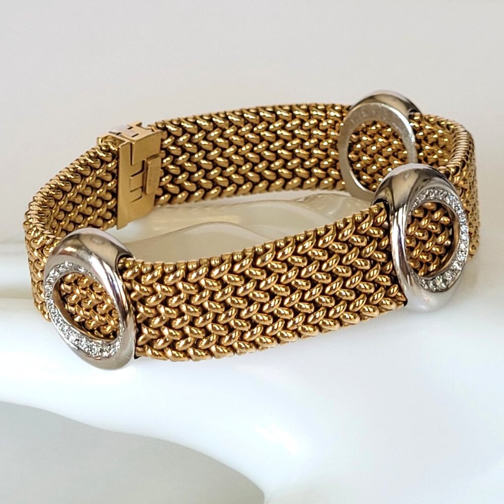 Italian 14K Yellow/White Gold Woven Mesh Diamond Oval Station Bracelet